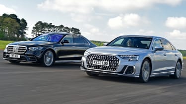 Audi A8 vs Mercedes S Class - both cars front tracking